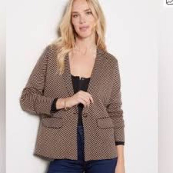 Evereve Chevron Herringbone Knit Blazer Preppy Office Career Black/Brown M - Picture 1 of 14